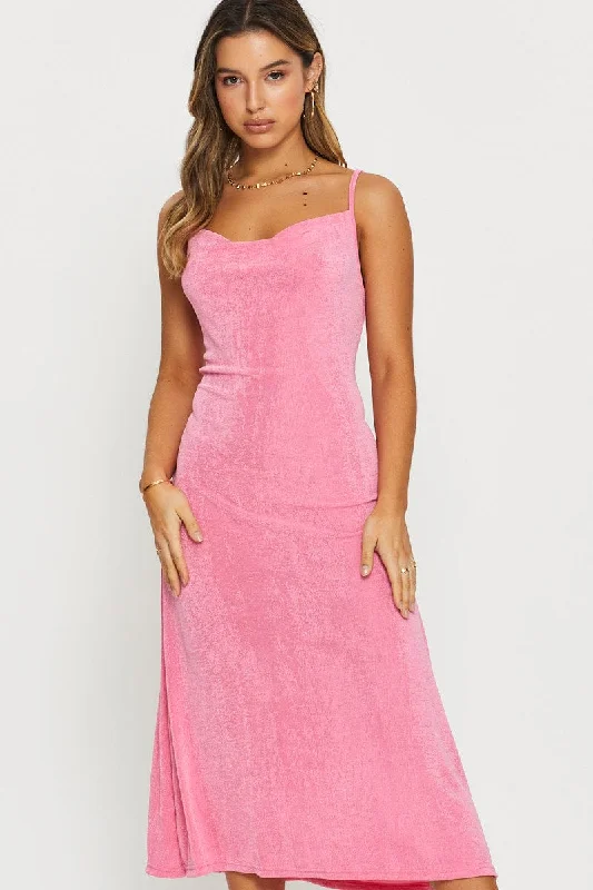 Pink Midi Dress Cowl Neck